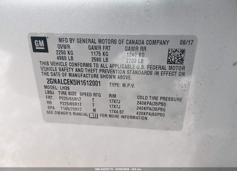 2017 CHEVROLET EQUINOX LT VIN: 2GNALCEK5H1612001