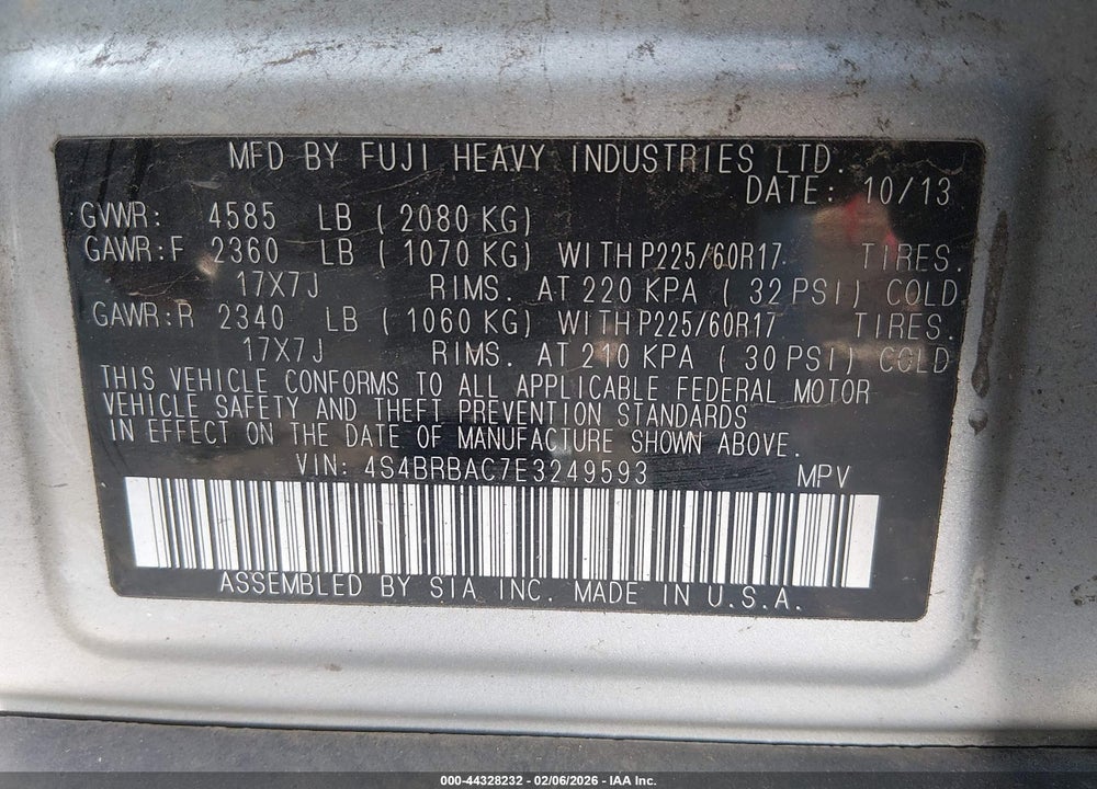 2014 SUBARU OUTBACK 2.5I VIN: 4S4BRBAC7E3249593