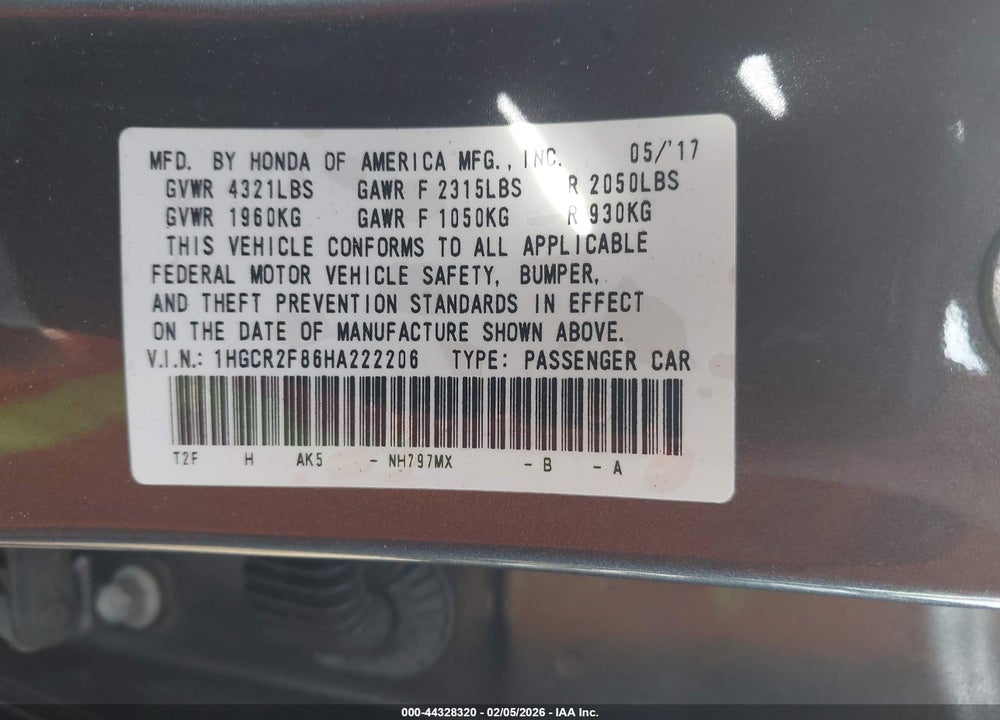 2017 HONDA ACCORD EX-L VIN: 1HGCR2F86HA222206