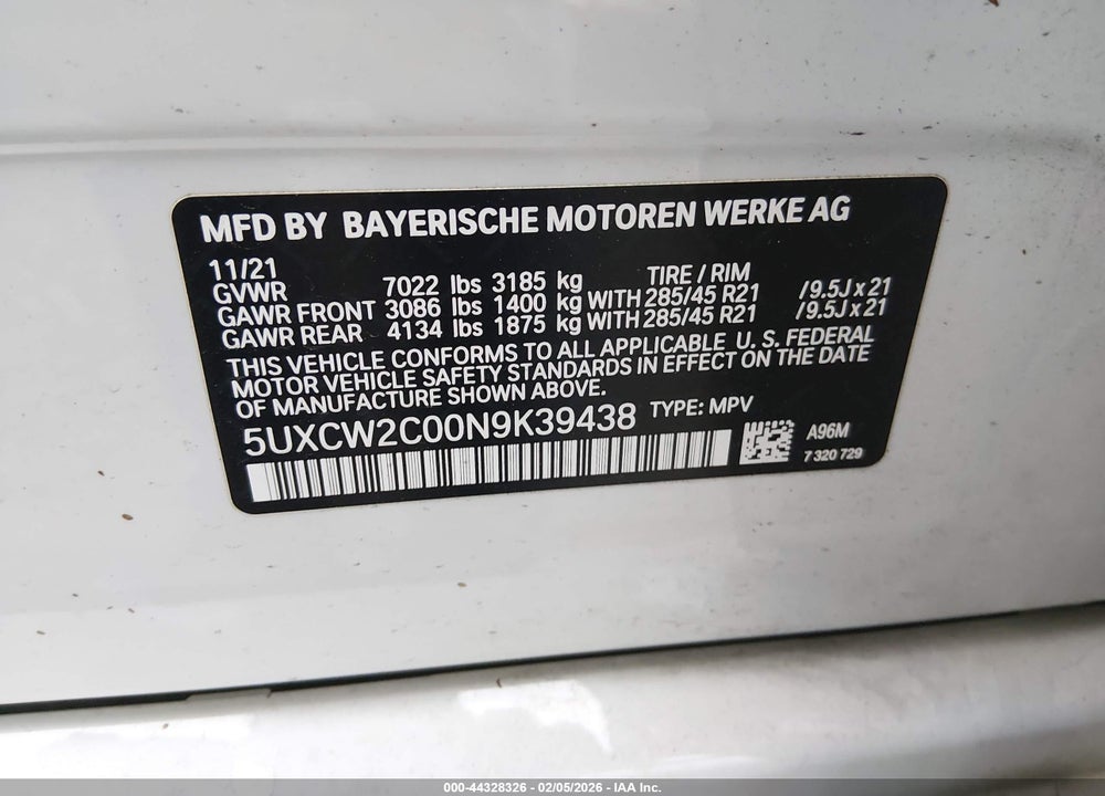 2022 BMW X7 XDRIVE40I VIN: 5UXCW2C00N9K39438