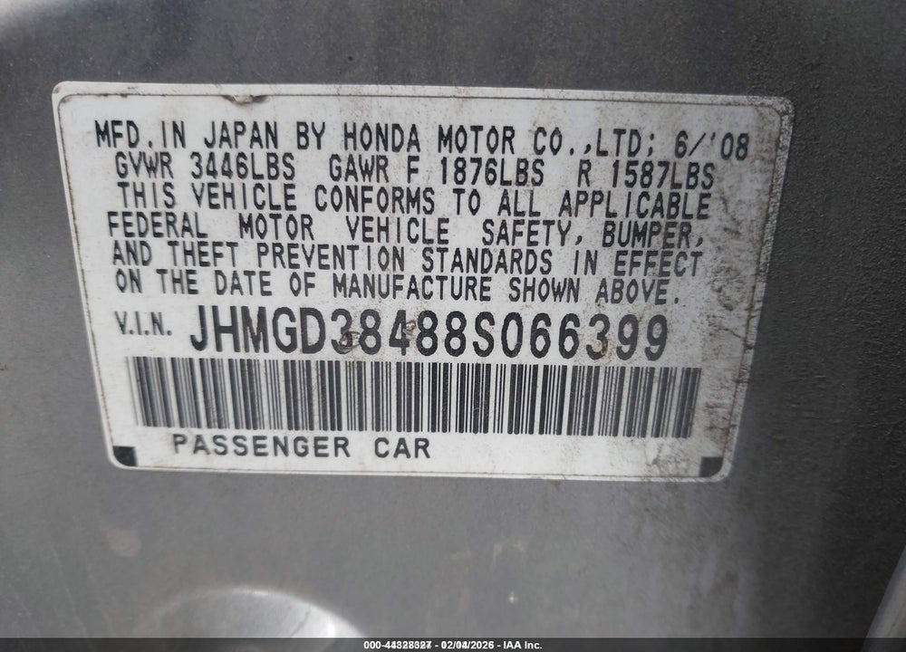 2008 HONDA FIT VIN: JHMGD38488S066399