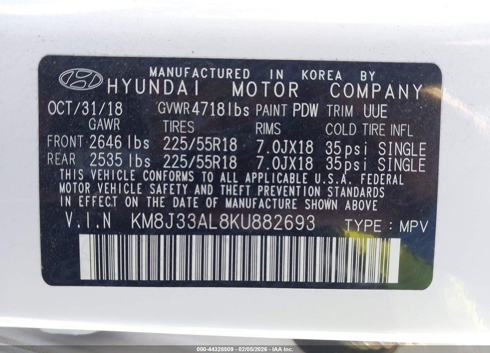 2019 HYUNDAI TUCSON LIMITED VIN: KM8J33AL8KU882693