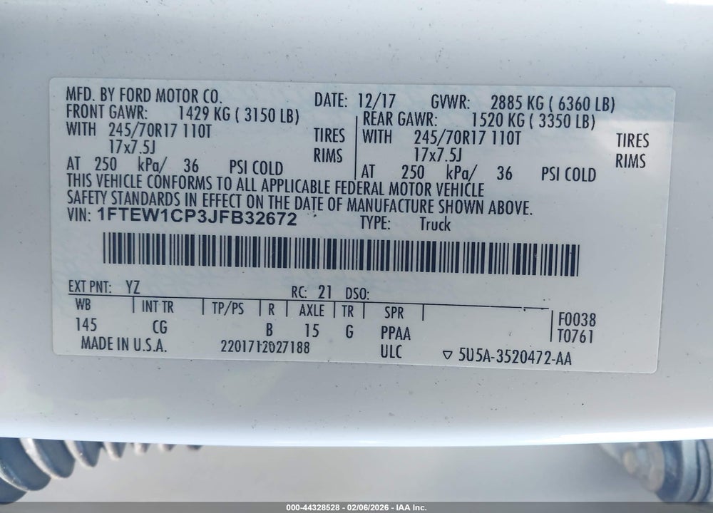 2018 FORD F-150 XL VIN: 1FTEW1CP3JFB32672