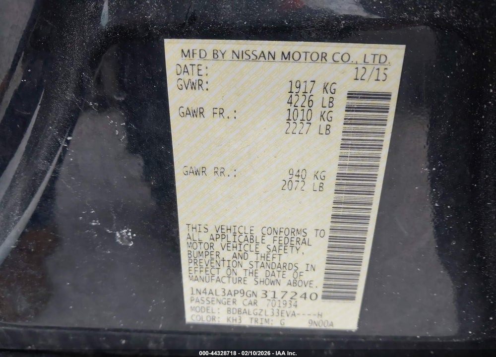 2016 NISSAN ALTIMA 2.5 S VIN: 1N4AL3AP9GN317240