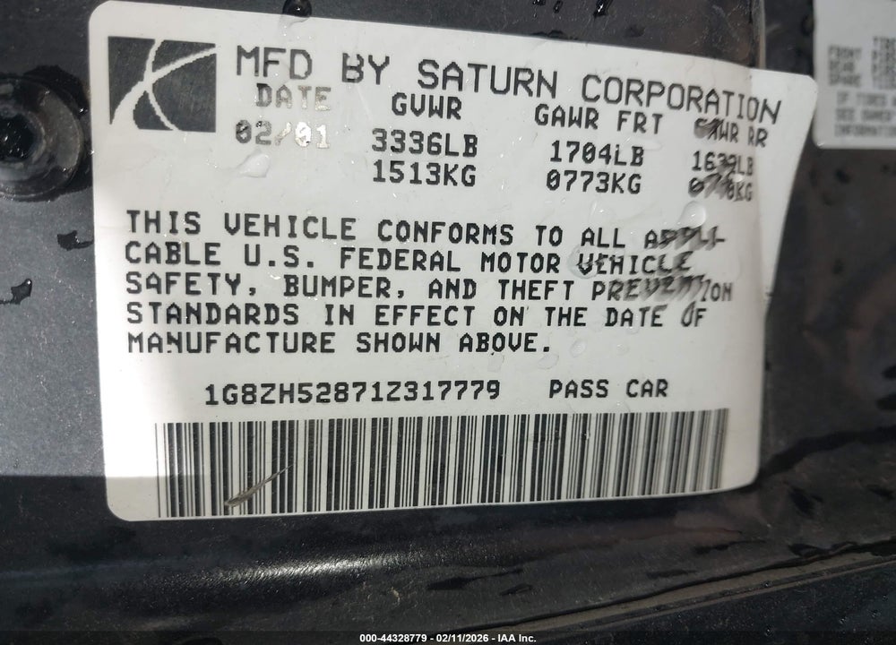 2001 SATURN SL1 VIN: 1G8ZH52871Z317779