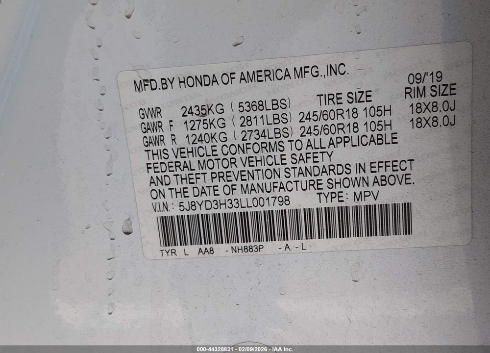 2020 ACURA MDX STANDARD VIN: 5J8YD3H33LL001798