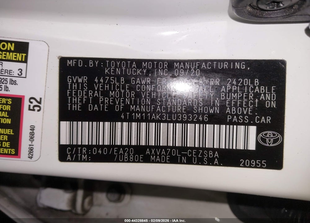2020 TOYOTA CAMRY SE VIN: 4T1M11AK3LU393246