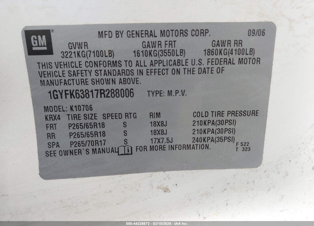 2007 CADILLAC ESCALADE STANDARD VIN: 1GYFK63817R288006