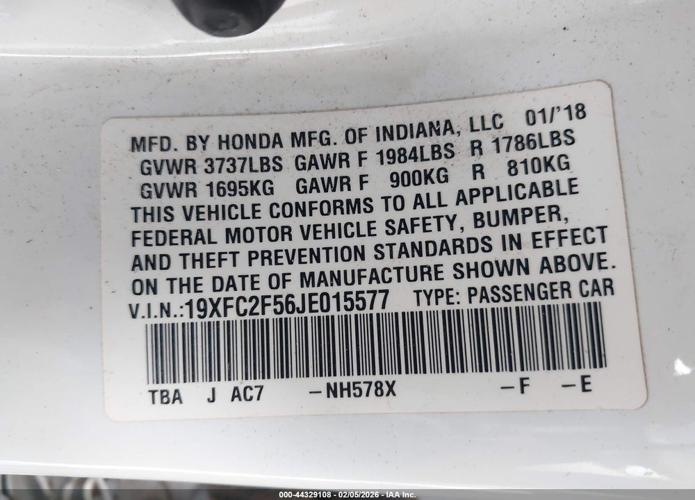 2018 HONDA CIVIC LX VIN: 19XFC2F56JE015577