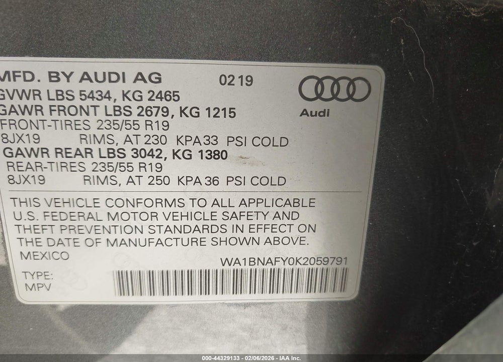 2019 AUDI Q5 45 PREMIUM VIN: WA1BNAFY0K2059791