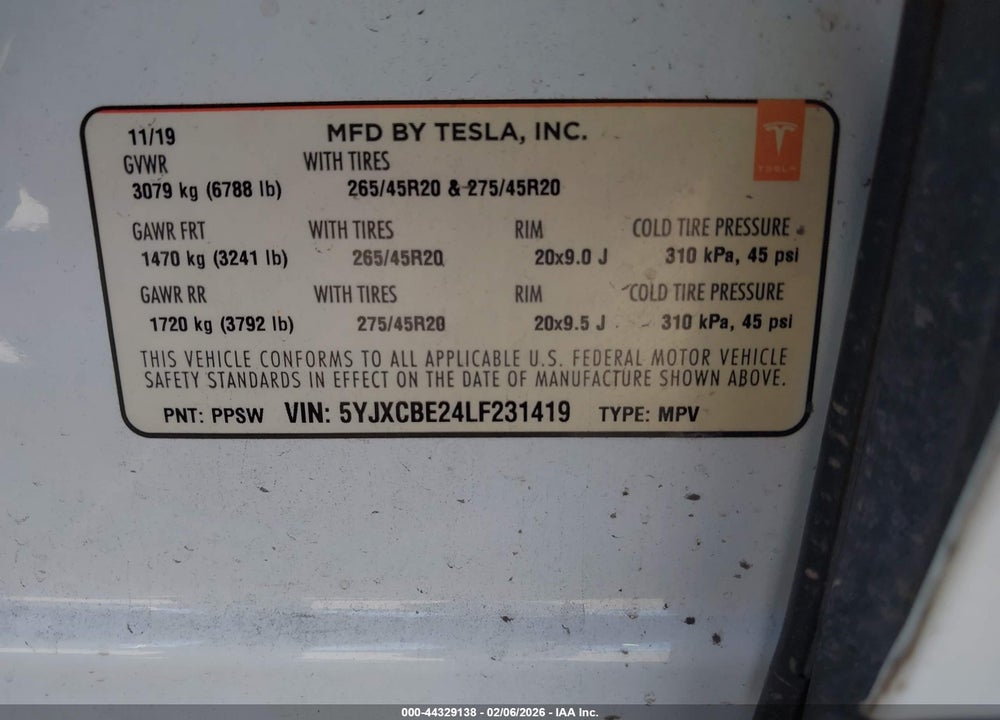 2020 TESLA MODEL X LONG RANGE DUAL MOTOR ALL-WHEEL DRIVE/LONG RANGE PLUS DUAL MOTOR ALL-WHEEL DRIVE VIN: 5YJXCBE24LF231419