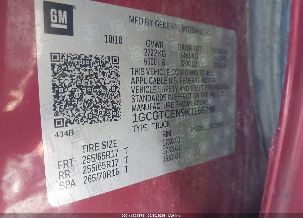 2019 CHEVROLET COLORADO LT VIN: 1GCGTCEN9K1166798