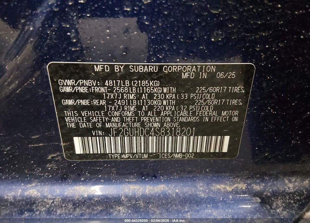 2025 SUBARU CROSSTREK PREMIUM VIN: JF2GUHDC4S8318201