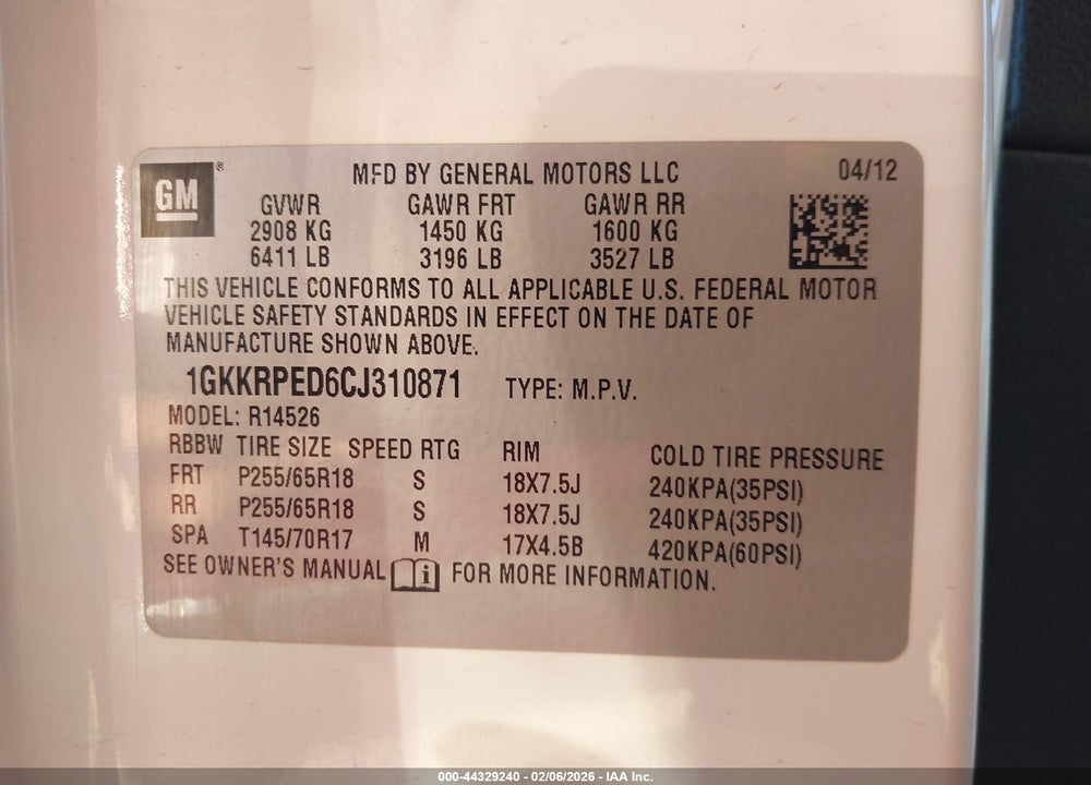 2012 GMC ACADIA SLE VIN: 1GKKRPED6CJ310871