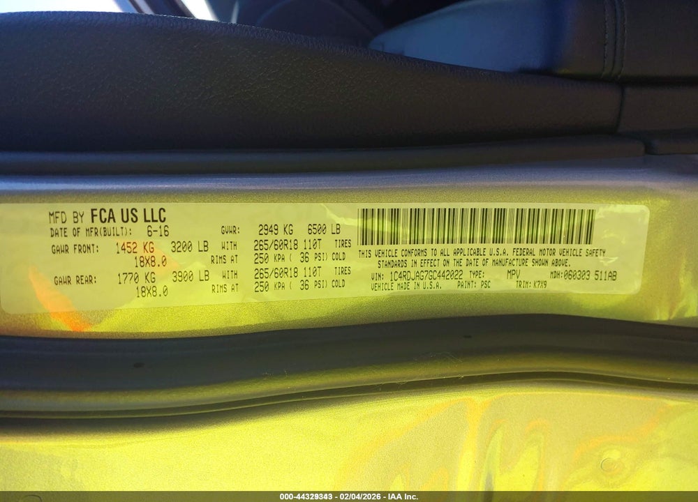 2016 DODGE DURANGO SXT VIN: 1C4RDJAG7GC442022