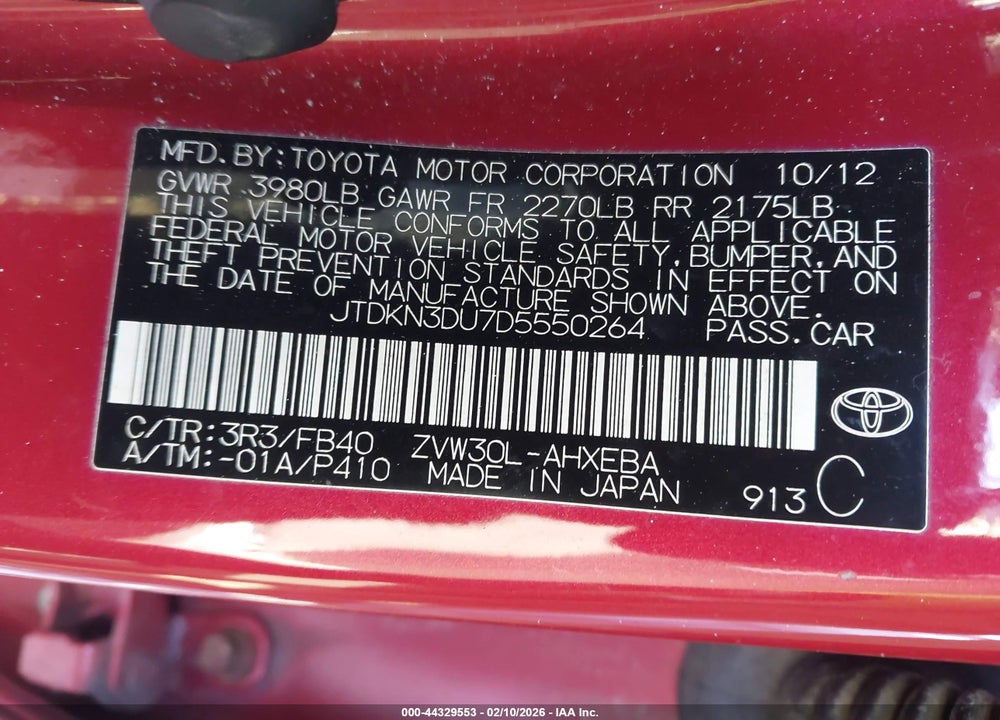 2013 TOYOTA PRIUS TWO VIN: JTDKN3DU7D5550264