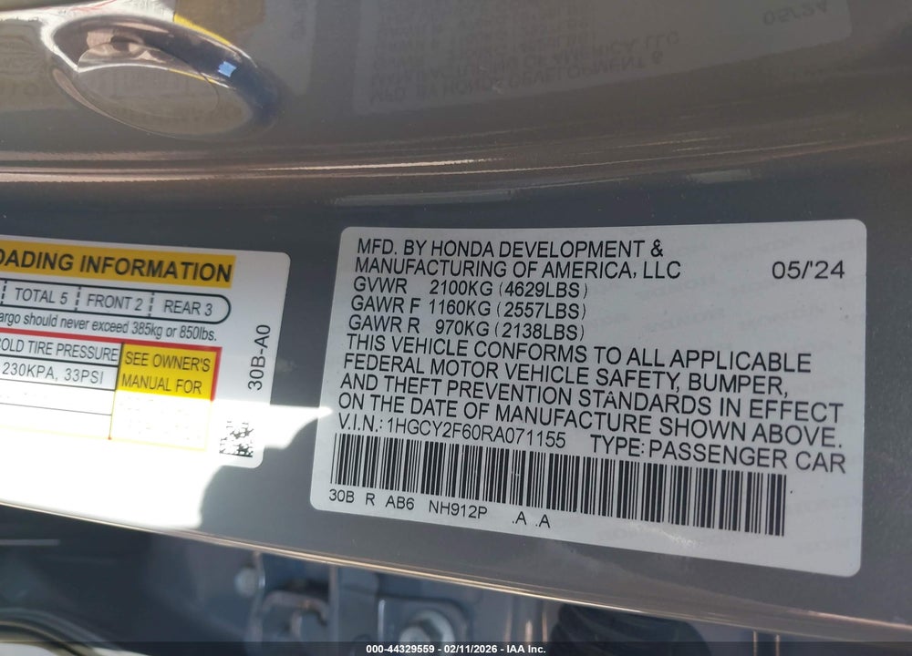 2024 HONDA ACCORD HYBRID EX-L VIN: 1HGCY2F60RA071155