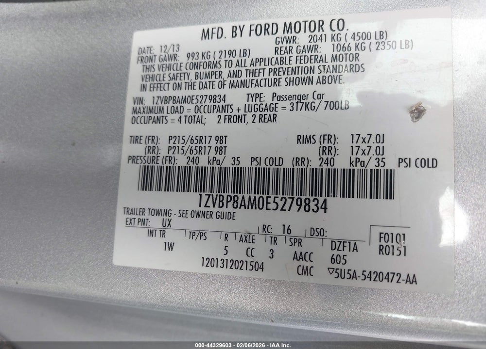 2014 FORD MUSTANG V6 VIN: 1ZVBP8AM0E5279834