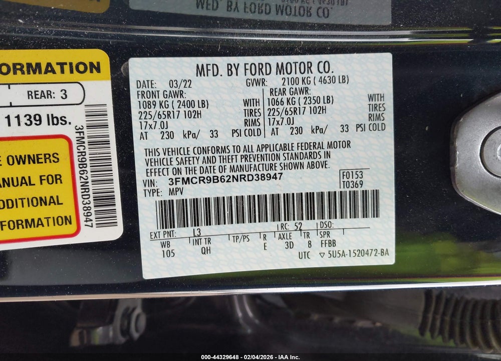 2022 FORD BRONCO SPORT BIG BEND VIN: 3FMCR9B62NRD38947