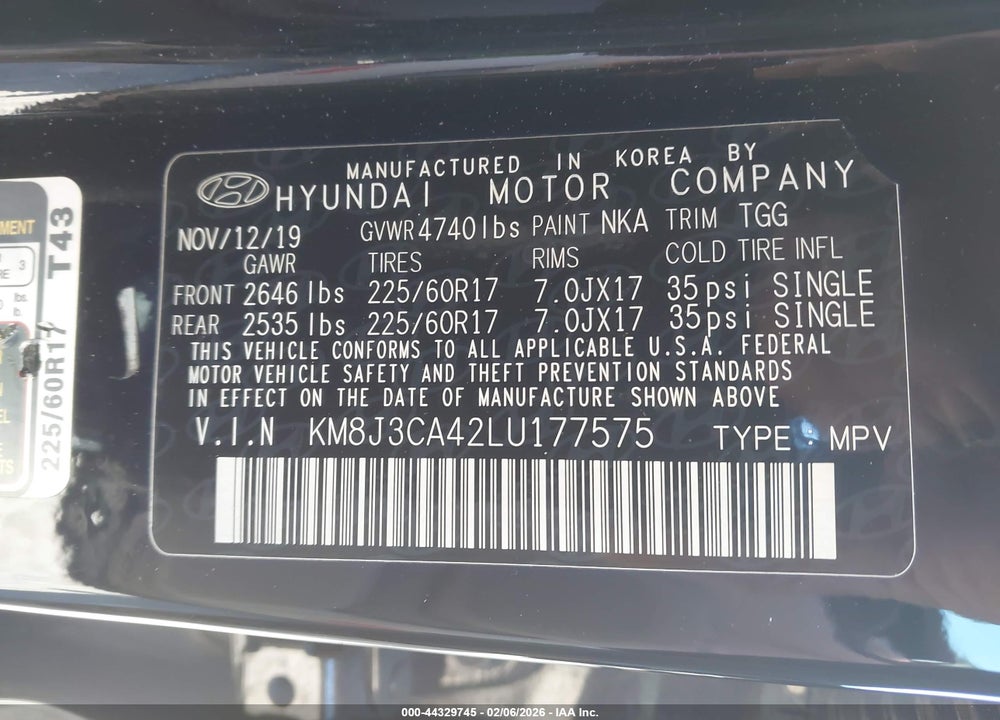 2020 HYUNDAI TUCSON VALUE VIN: KM8J3CA42LU177575