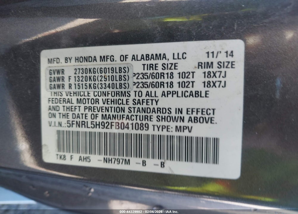 2015 HONDA ODYSSEY TOURING/TOURING ELITE VIN: 5FNRL5H92FB041089