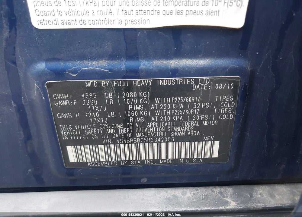2011 SUBARU OUTBACK 2.5I PREMIUM VIN: 4S4BRBBC5B3342056