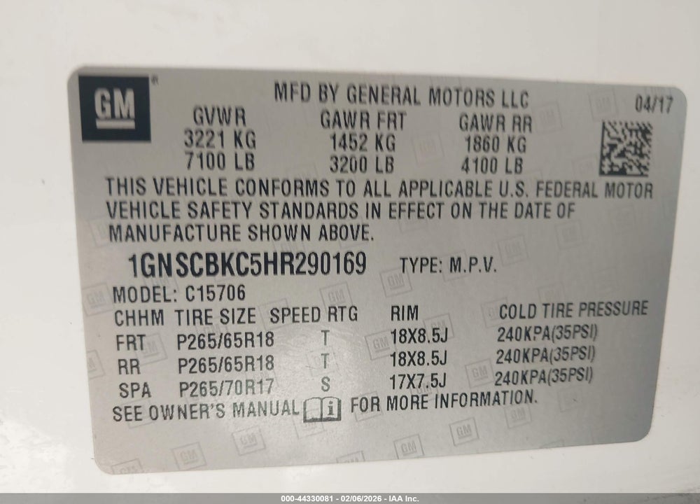 2017 CHEVROLET TAHOE LT VIN: 1GNSCBKC5HR290169