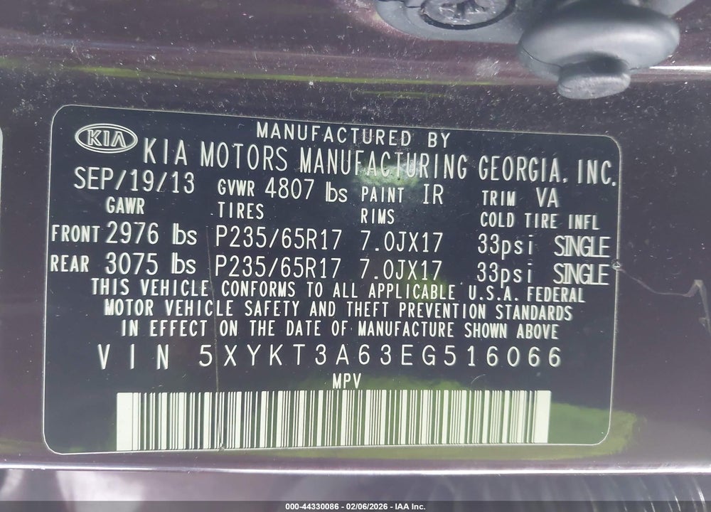 2014 KIA SORENTO LX VIN: 5XYKT3A63EG516066
