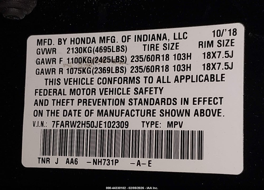 2018 HONDA CR-V EX VIN: 7FARW2H50JE102309