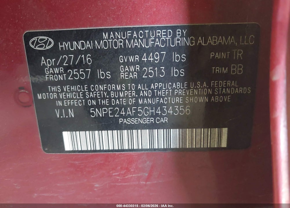 2016 HYUNDAI SONATA SE VIN: 5NPE24AF5GH434356