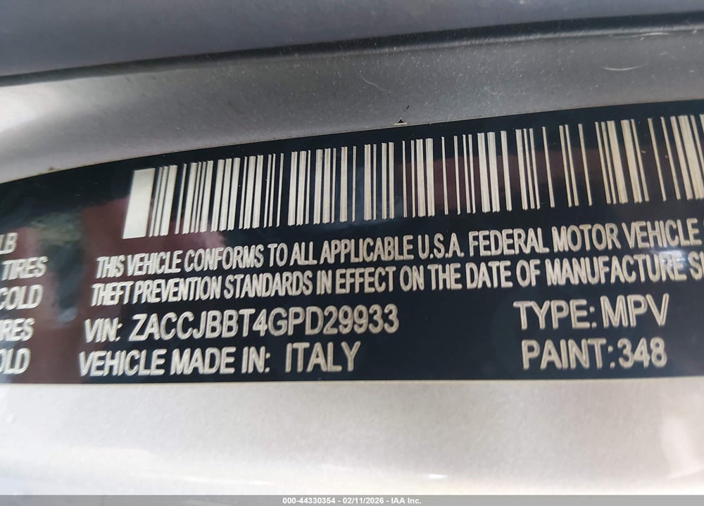 2016 JEEP RENEGADE LATITUDE VIN: ZACCJBBT4GPD29933
