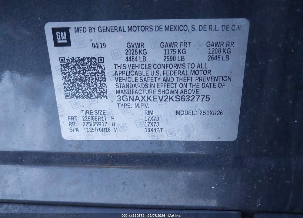 2019 CHEVROLET EQUINOX LT VIN: 3GNAXKEV2KS632775