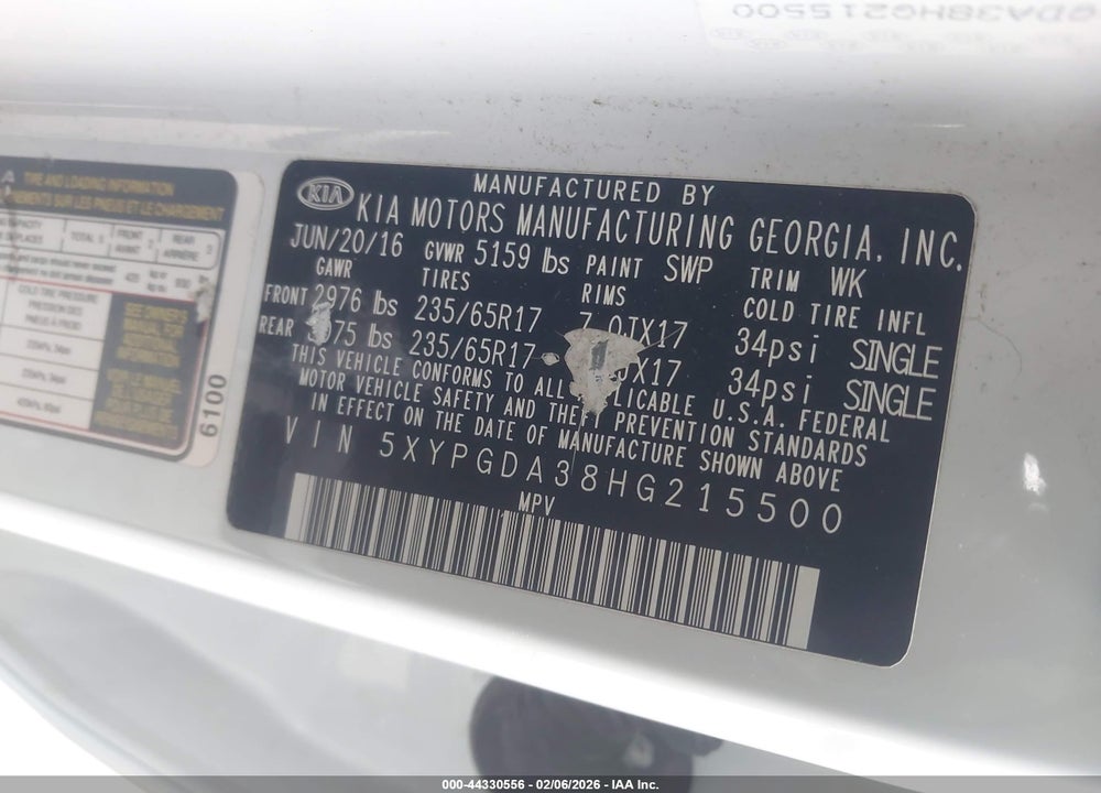2017 KIA SORENTO 2.4L LX VIN: 5XYPGDA38HG215500