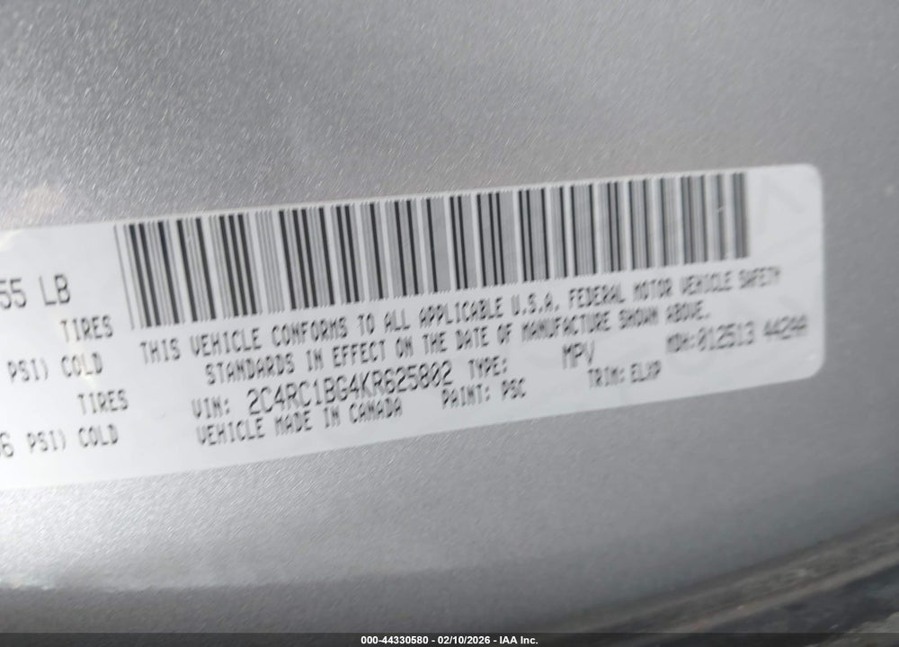2019 CHRYSLER PACIFICA TOURING L VIN: 2C4RC1BG4KR625802