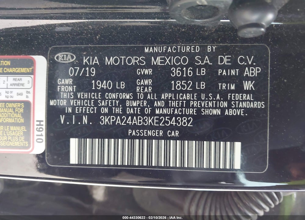 2019 KIA RIO LX VIN: 3KPA24AB3KE254382