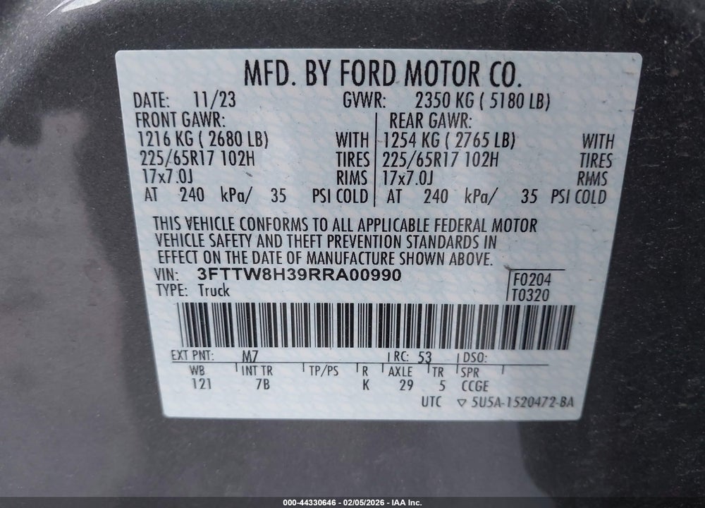 2024 FORD MAVERICK XLT VIN: 3FTTW8H39RRA00990