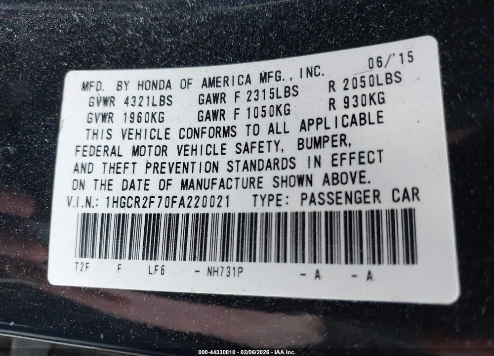 2015 HONDA ACCORD EX VIN: 1HGCR2F70FA220021