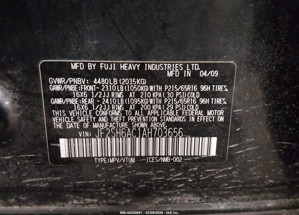 2010 SUBARU FORESTER 2.5X VIN: JF2SH6AC1AH703656