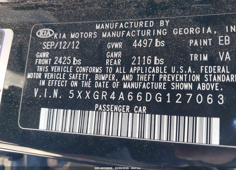 2013 KIA OPTIMA SX VIN: 5XXGR4A66DG127063