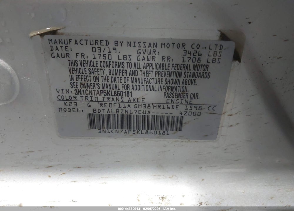 2019 NISSAN VERSA S VIN: 3N1CN7AP5KL860181