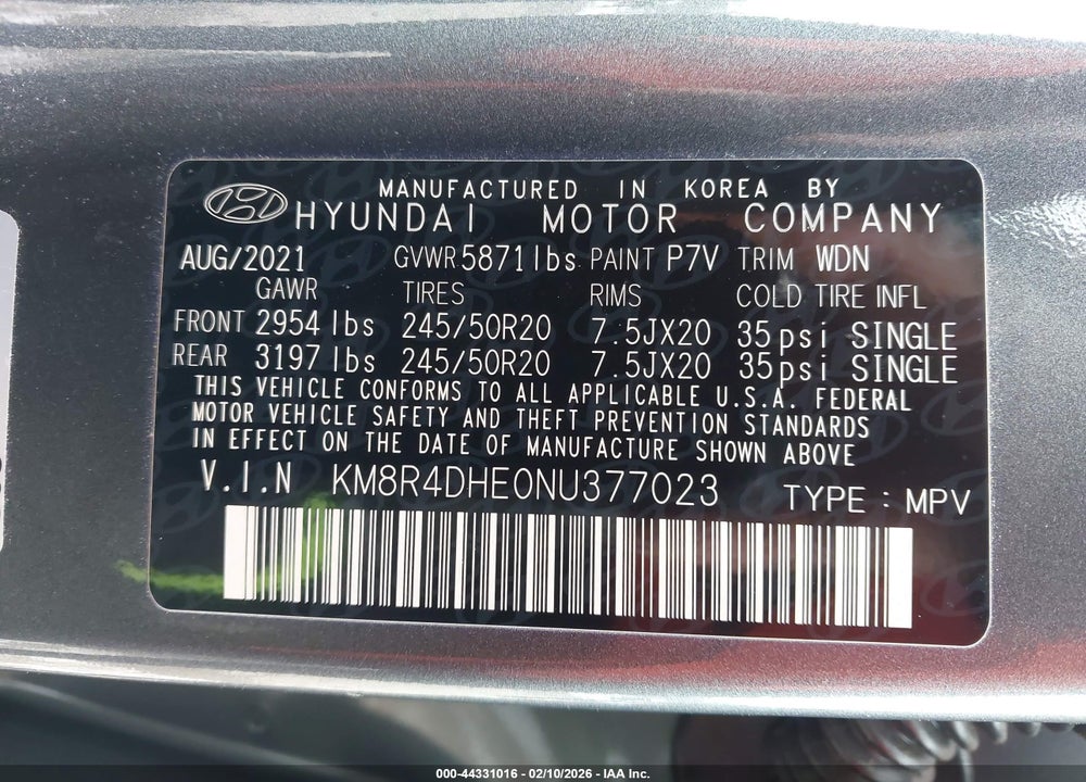 2022 HYUNDAI PALISADE SEL VIN: KM8R4DHE0NU377023