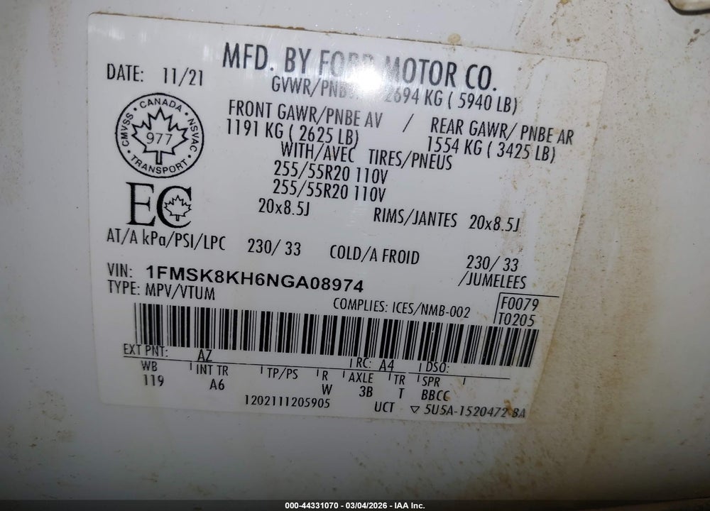2022 FORD EXPLORER ST-LINE VIN: 1FMSK8KH6NGA08974