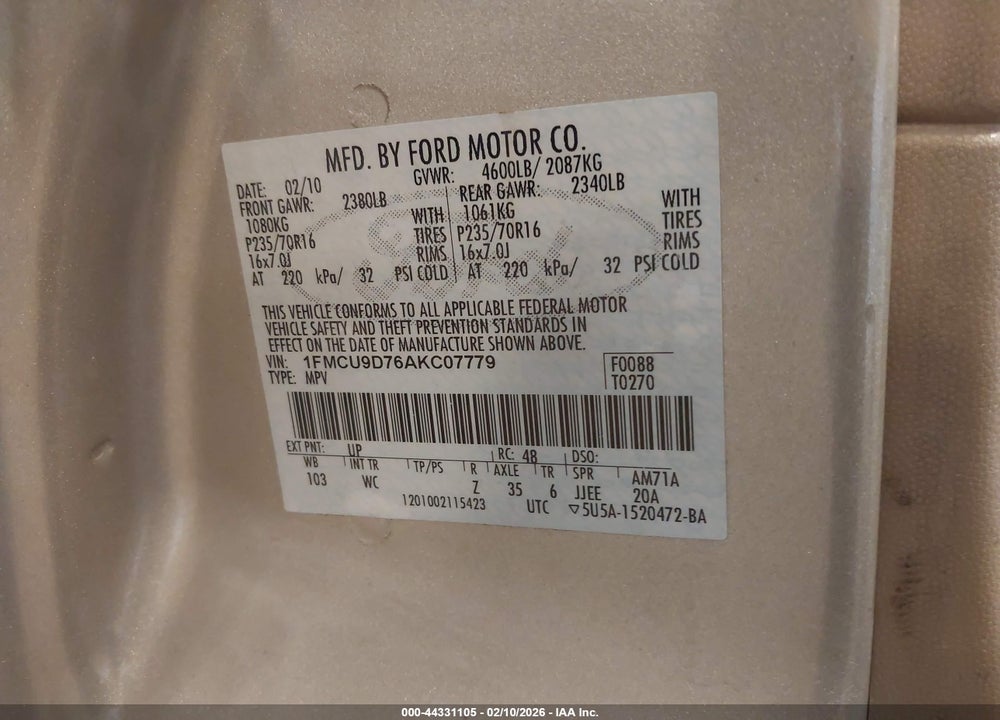 2010 FORD ESCAPE XLT VIN: 1FMCU9D76AKC07779