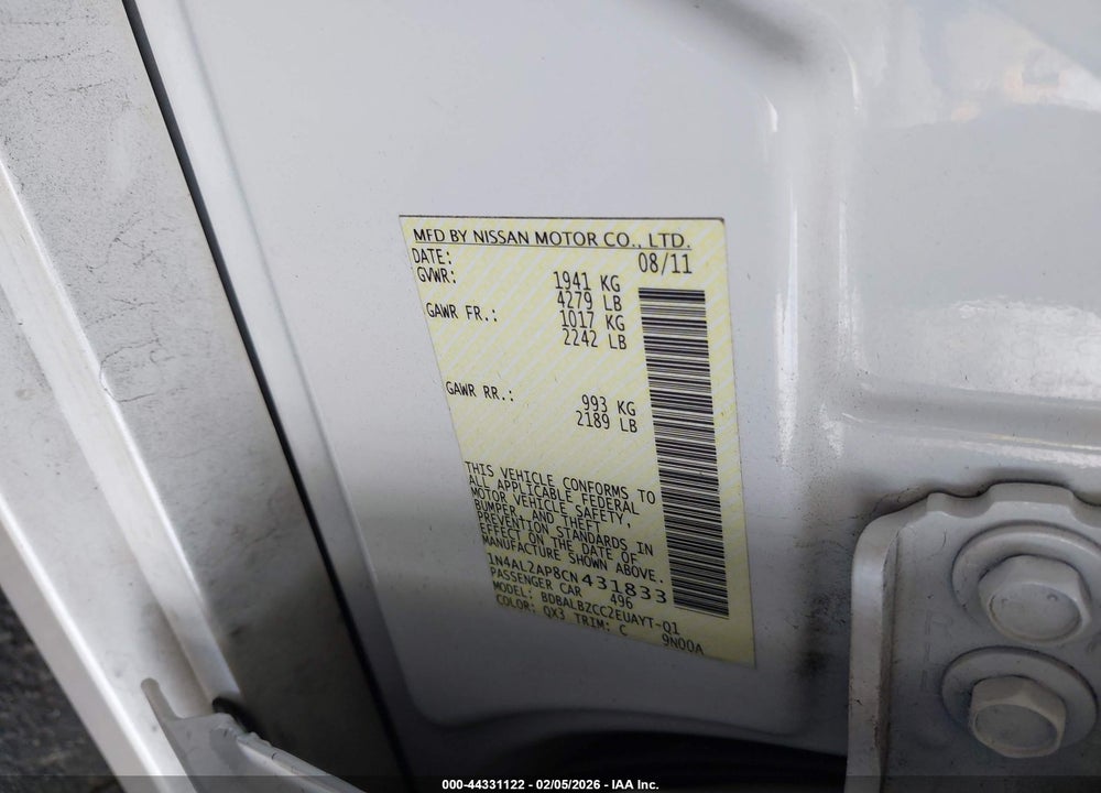 2012 NISSAN ALTIMA 2.5 S VIN: 1N4AL2AP8CN431833