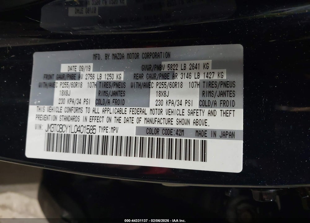 2020 MAZDA CX-9 TOURING VIN: JM3TCBCY1L0401585