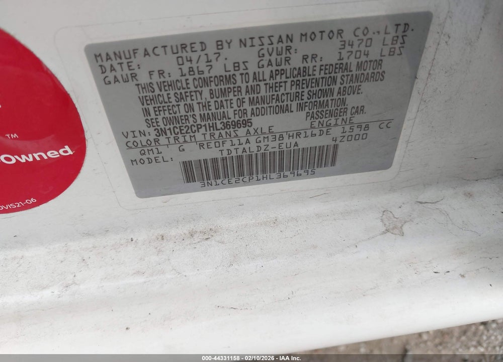 2017 NISSAN VERSA NOTE SV VIN: 3N1CE2CP1HL369695