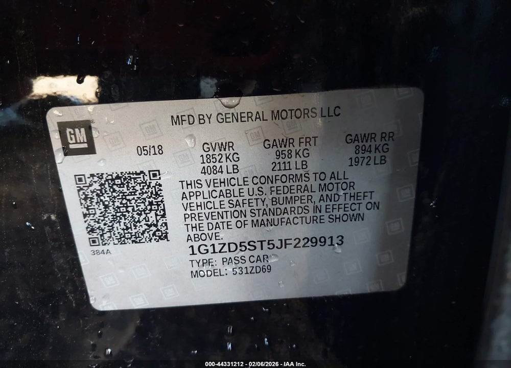 2018 CHEVROLET MALIBU LT VIN: 1G1ZD5ST5JF229913