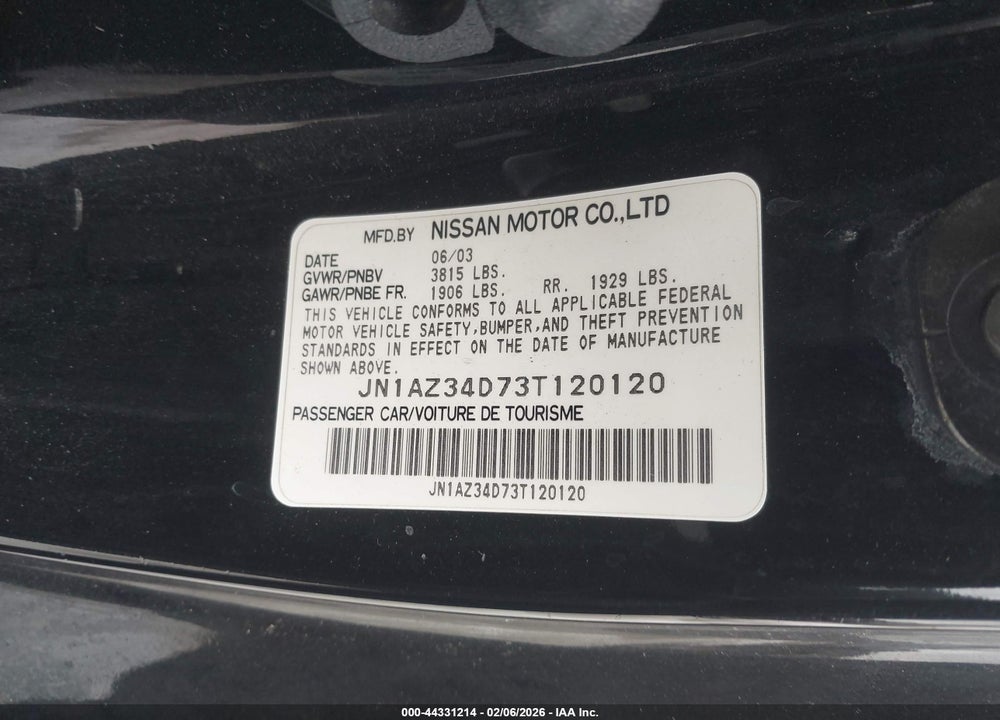 2003 NISSAN 350Z ENTHUSIAST VIN: JN1AZ34D73T120120