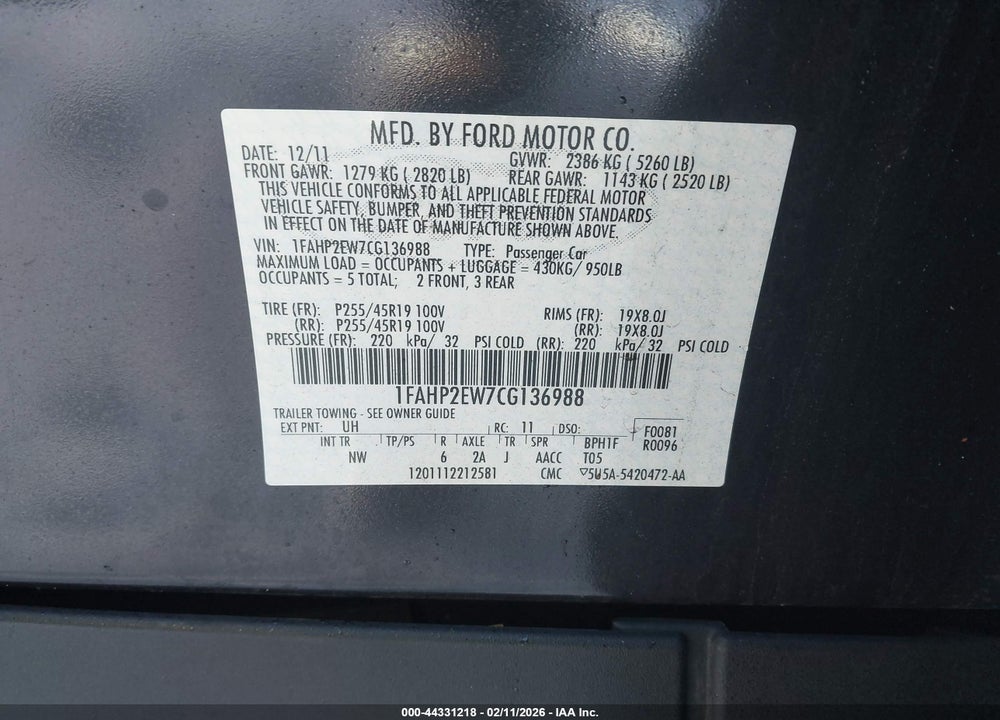 2012 FORD TAURUS SEL VIN: 1FAHP2EW7CG136988
