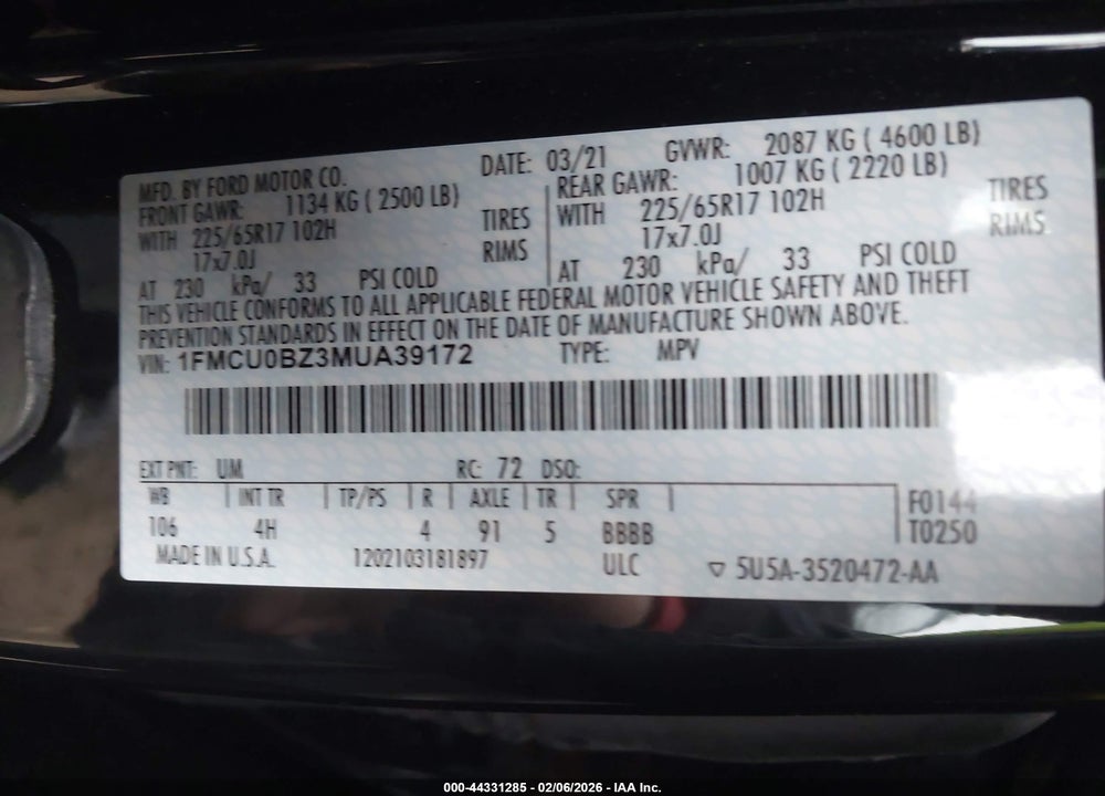 2021 FORD ESCAPE SE HYBRID VIN: 1FMCU0BZ3MUA39172
